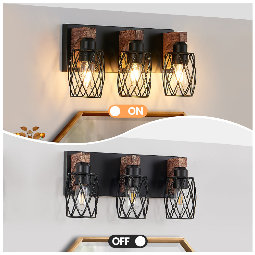 Industrial Black Cage Wall Sconce with Wood Accents | 3/4/5/6/7-Light Vintage Fixture for Bathroom, Hallway & Living Room