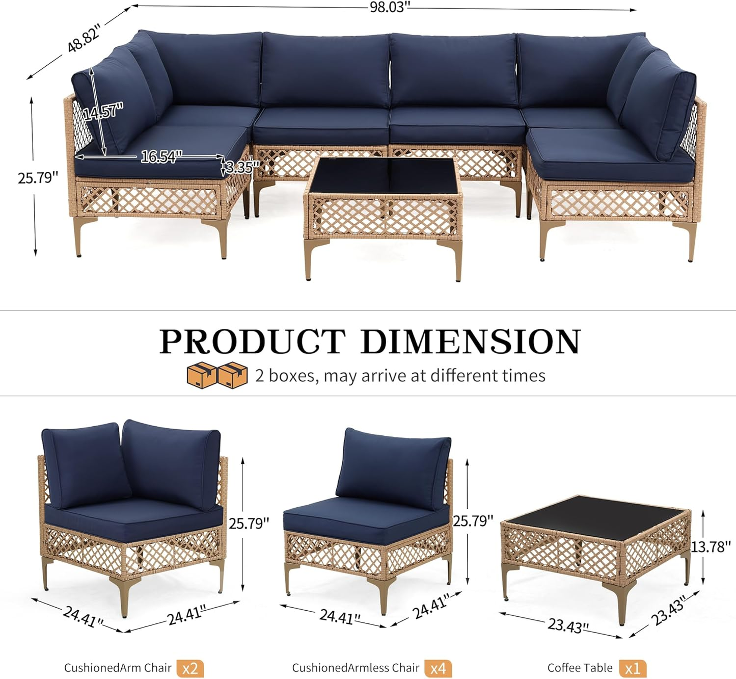 Ainfox 7 Pieces Outdoor Wicker Modular Patio Sectional Set with Thick Cushions & Tempered Glass Table