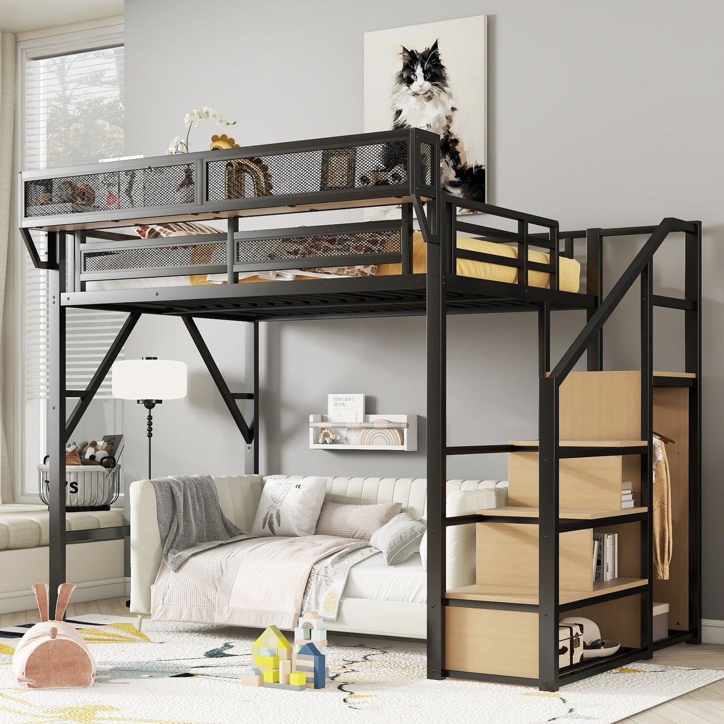 Loft Bed With Stairs, Storage Shelves, Wardrobe