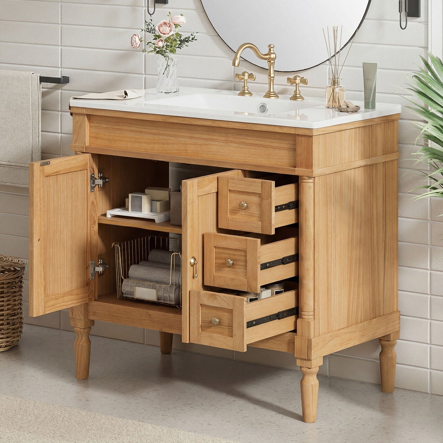 Modern Bathroom Vanity With Ceramic Sink, Soft Close Doors, Adjustable Shelves
