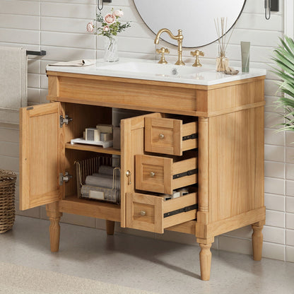 Modern Bathroom Vanity With Ceramic Sink, Soft Close Doors, Adjustable Shelves