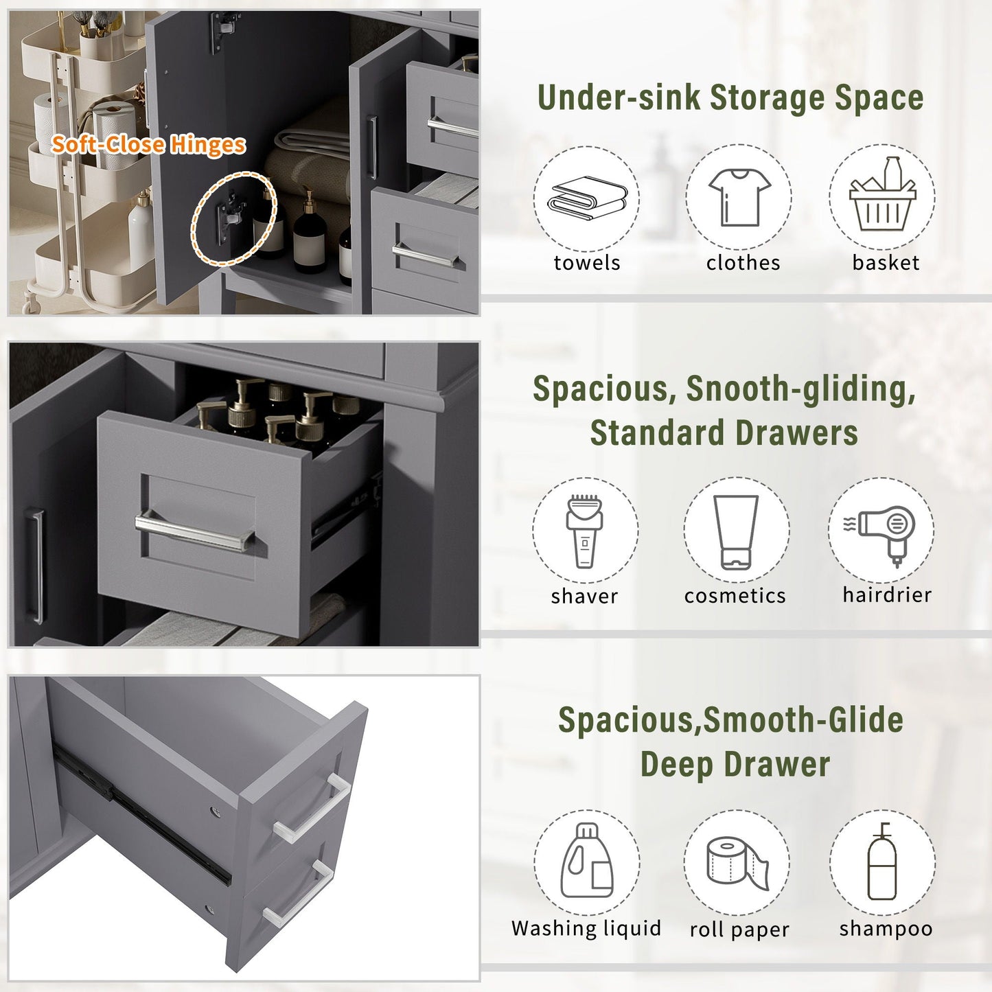Modern Bathroom Vanity With Sink, Storage Cabinet, Soft Close Doors, Deep & Standard Drawers
