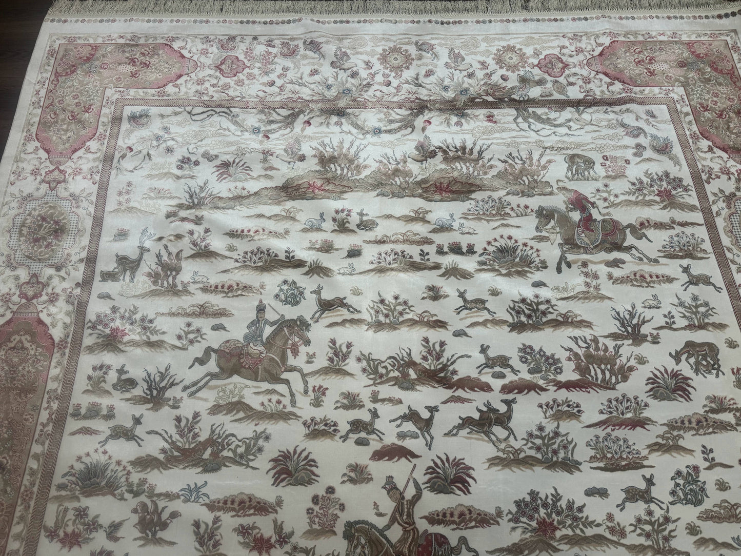 Large Turkish Silk Rug 8x10, Ivory, Hunting Design, Bamboo Silk, New