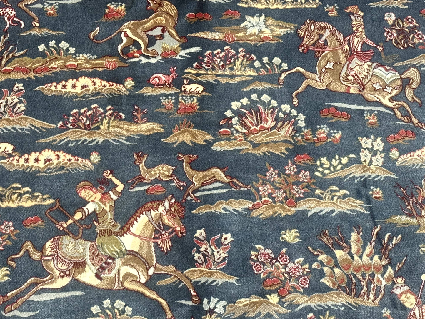 Turkish Silk Rug 5x8, Hunting Design, Animal Pictorials, Steel Blue & Ivory, Bamboo Silk