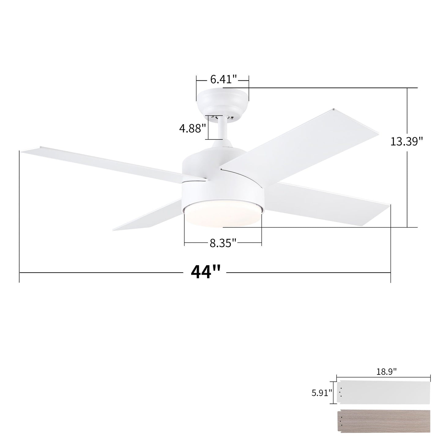 Ceiling Fan With Remote Control, Reversible DC Motor, 6 Speeds, 3 Dimmable LED, Quiet Timer For Indoor - White