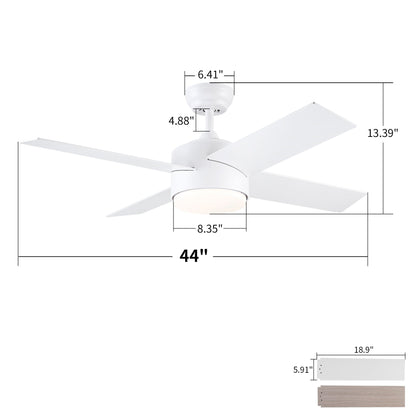 Ceiling Fan With Remote Control, Reversible DC Motor, 6 Speeds, 3 Dimmable LED, Quiet Timer For Indoor - White