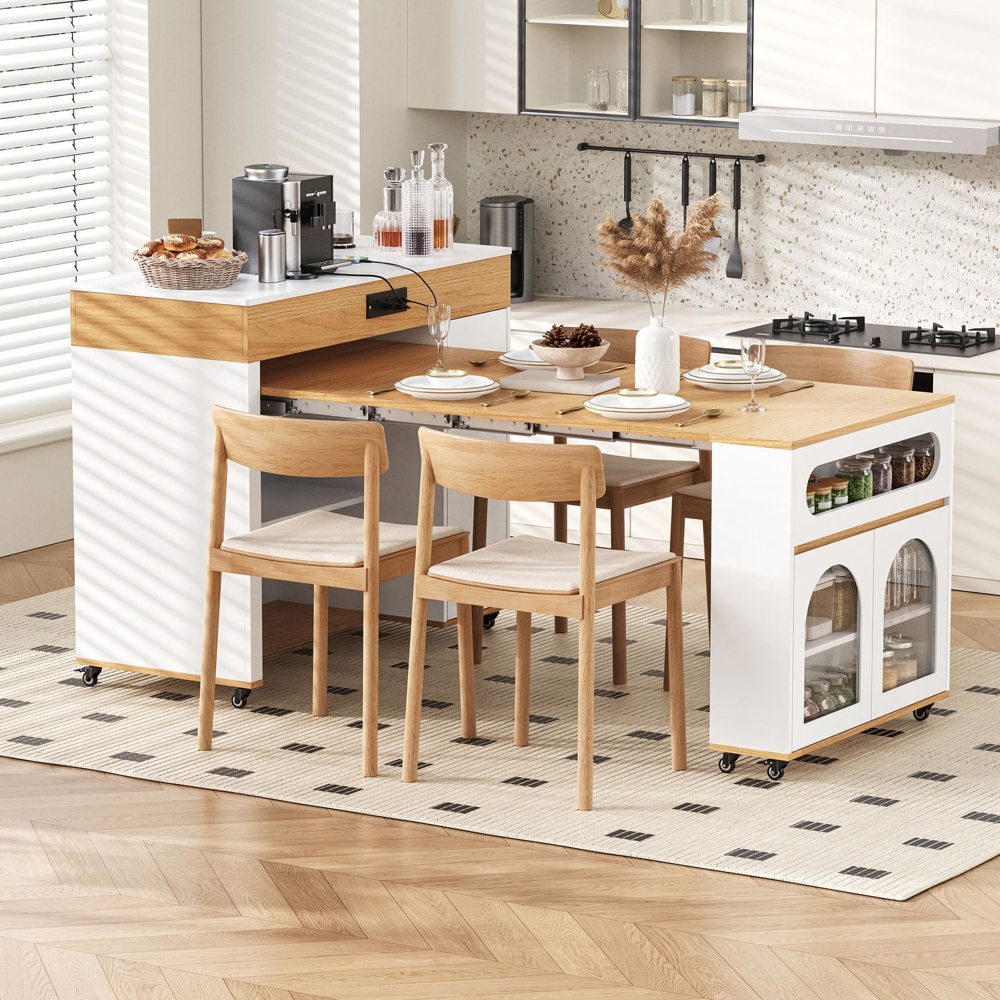Extendable Dining Table With Folding Top, Rolling Kitchen Island With Drawers And Power Outlet