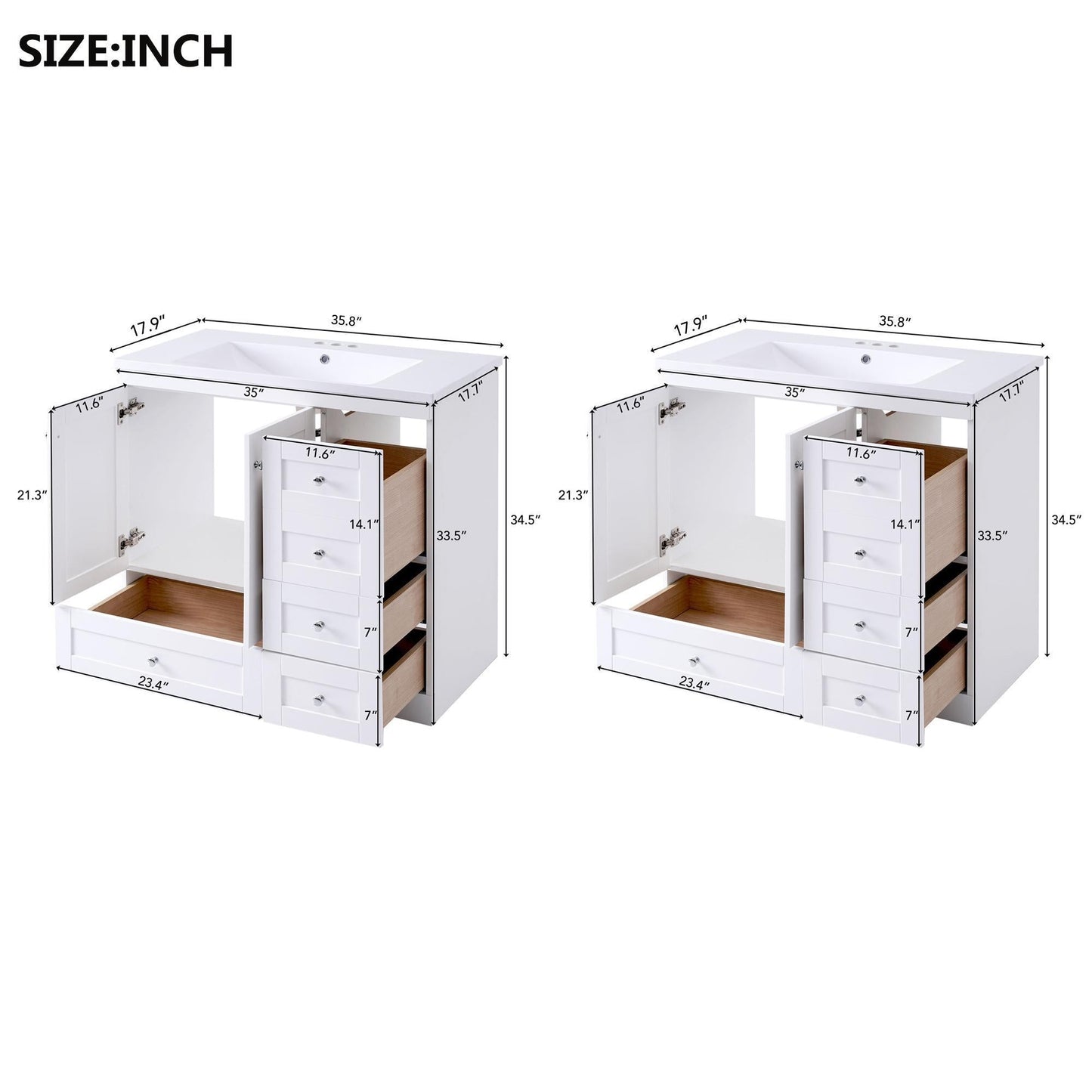 Shaker Free Standing Bathroom Vanity Cabinet & Sink, Soft Close Drawers, Soft Close Doors