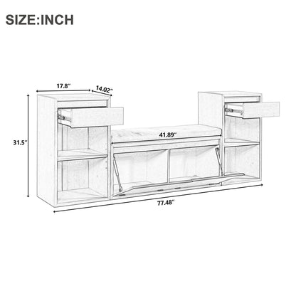 Entryway Storage Bench With Cushion, Drawers & Open Shelves