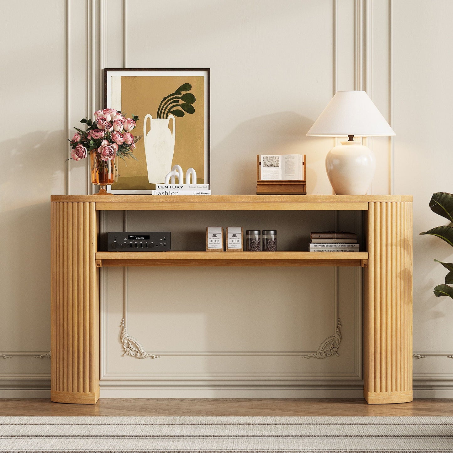 Console Table With Fluted Legs, Open Shelf