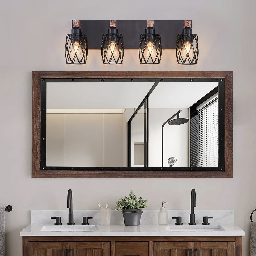 Industrial Black Cage Wall Sconce with Wood Accents | 3/4/5/6/7-Light Vintage Fixture for Bathroom, Hallway & Living Room