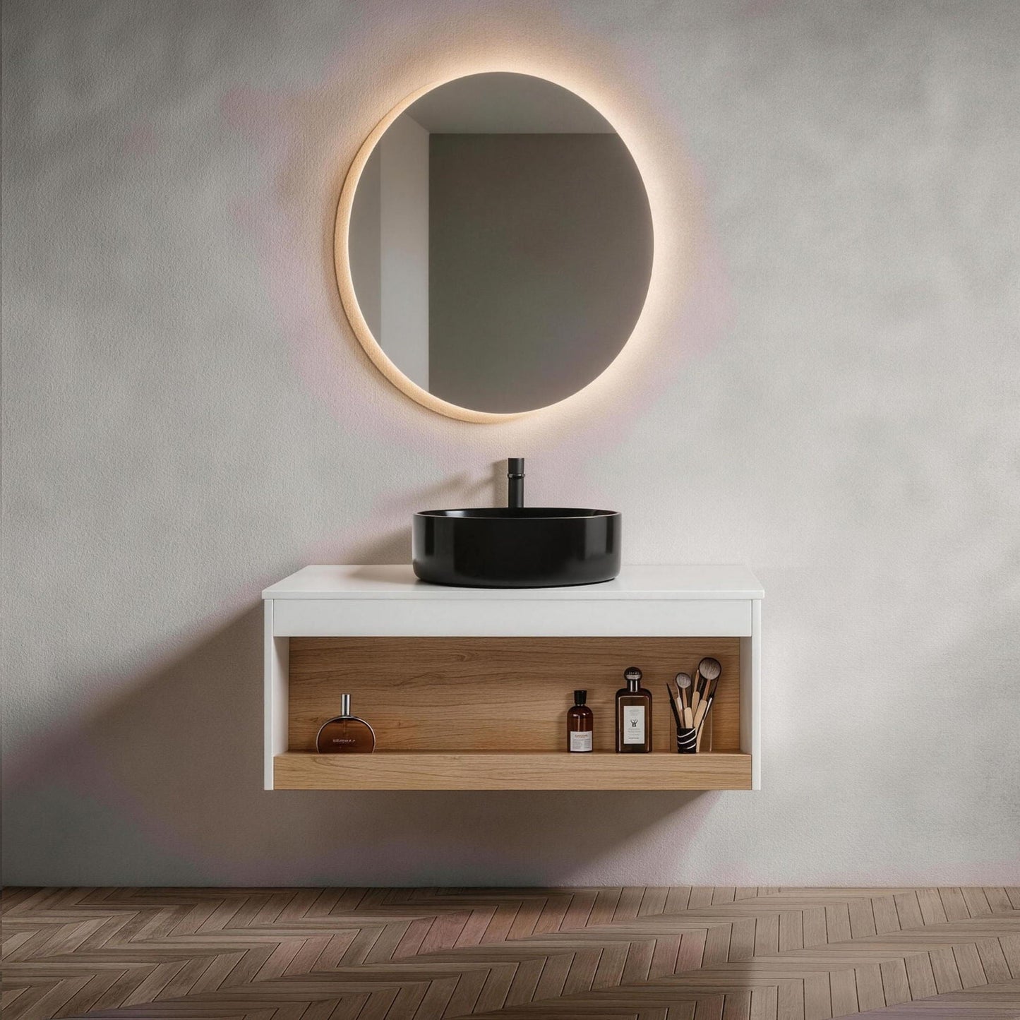 Floating Bathroom Vanity With Vessel Sink With Open Shelf Storage