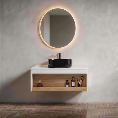 Floating Bathroom Vanity With Vessel Sink With Open Shelf Storage