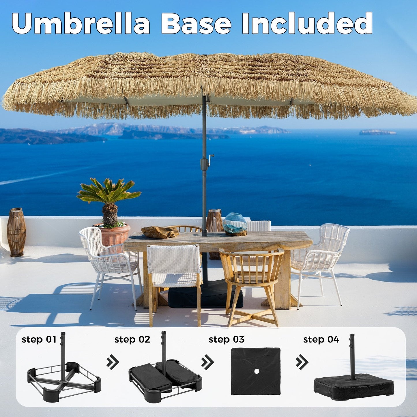 Ainfox 15ft Large Thatched Tiki Patio Umbrella with Stand and Sandbags, Outdoor Heavy-Duty Double-Sided Rectangle Market Umbrella for Garden, Deck, Backyard, Pool, Beach