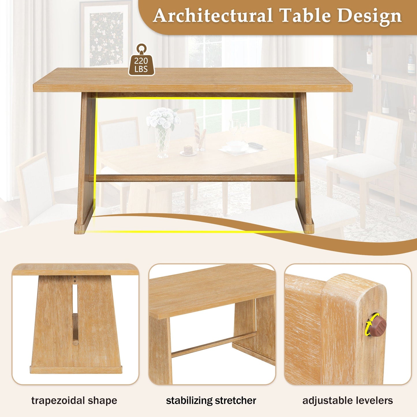Dining Set With Rectangular Table, 4 Upholstered Chairs & 1 Padded Bench
