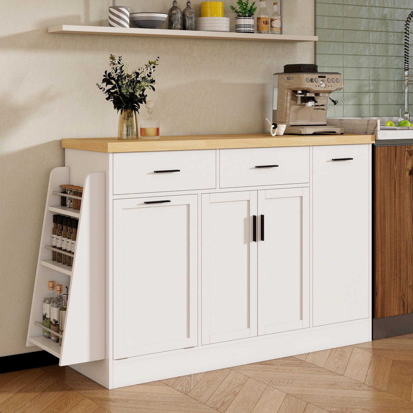 Kitchen Sideboard With Sliding Door Cabinet, 3 Tier Spice Rack