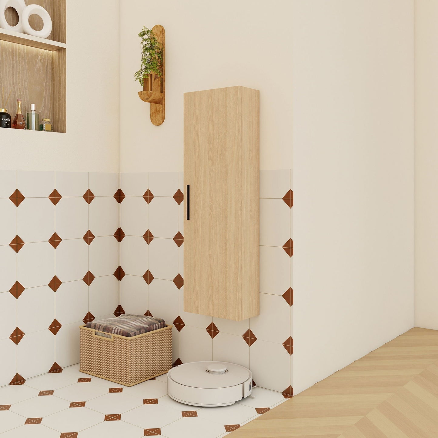 Tall Floating Bathroom Side Cabinet, Wall Mounted Single Door Storage - Light Oak