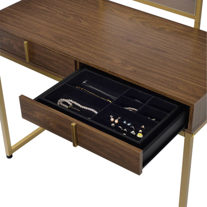 Coleen Walnut & Gold Finish Vanity Desk with Mirror & Jewelry Tray