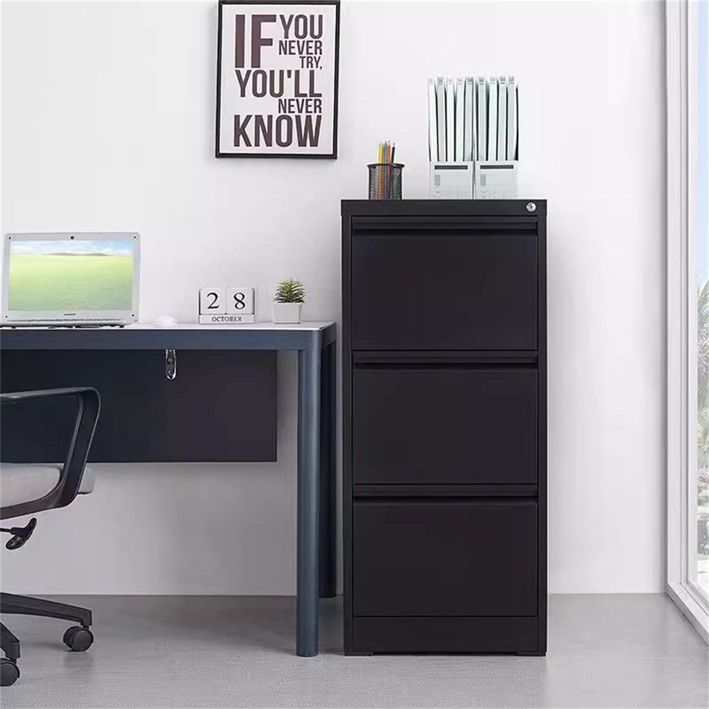 Durable Metal 3 Drawer File Cabinet With Lock For Office Storage