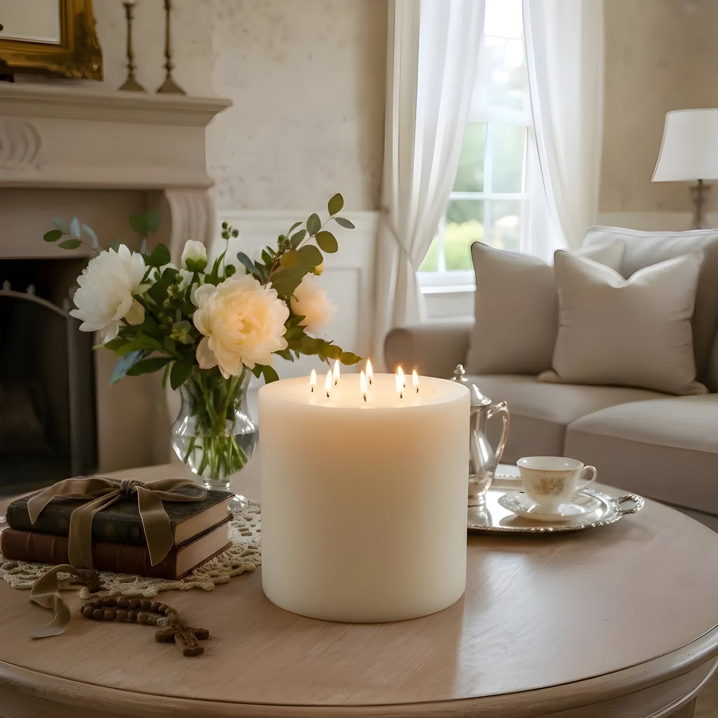 Bonfire White Beeswax Candle Eight-Wick Luxury Statement Pillar 9″ Tall 8″ Wide