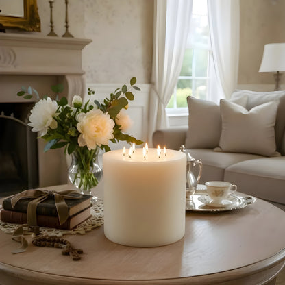 Bonfire White Beeswax Candle Eight-Wick Luxury Statement Pillar 9″ Tall 8″ Wide