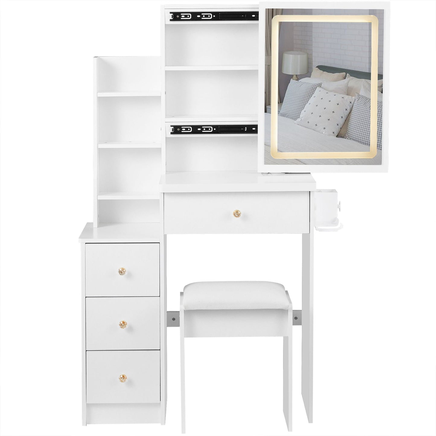 Cabinet Vanity Table & Cushioned Stool, USB Power Station, Hair Dryer Bracket - White