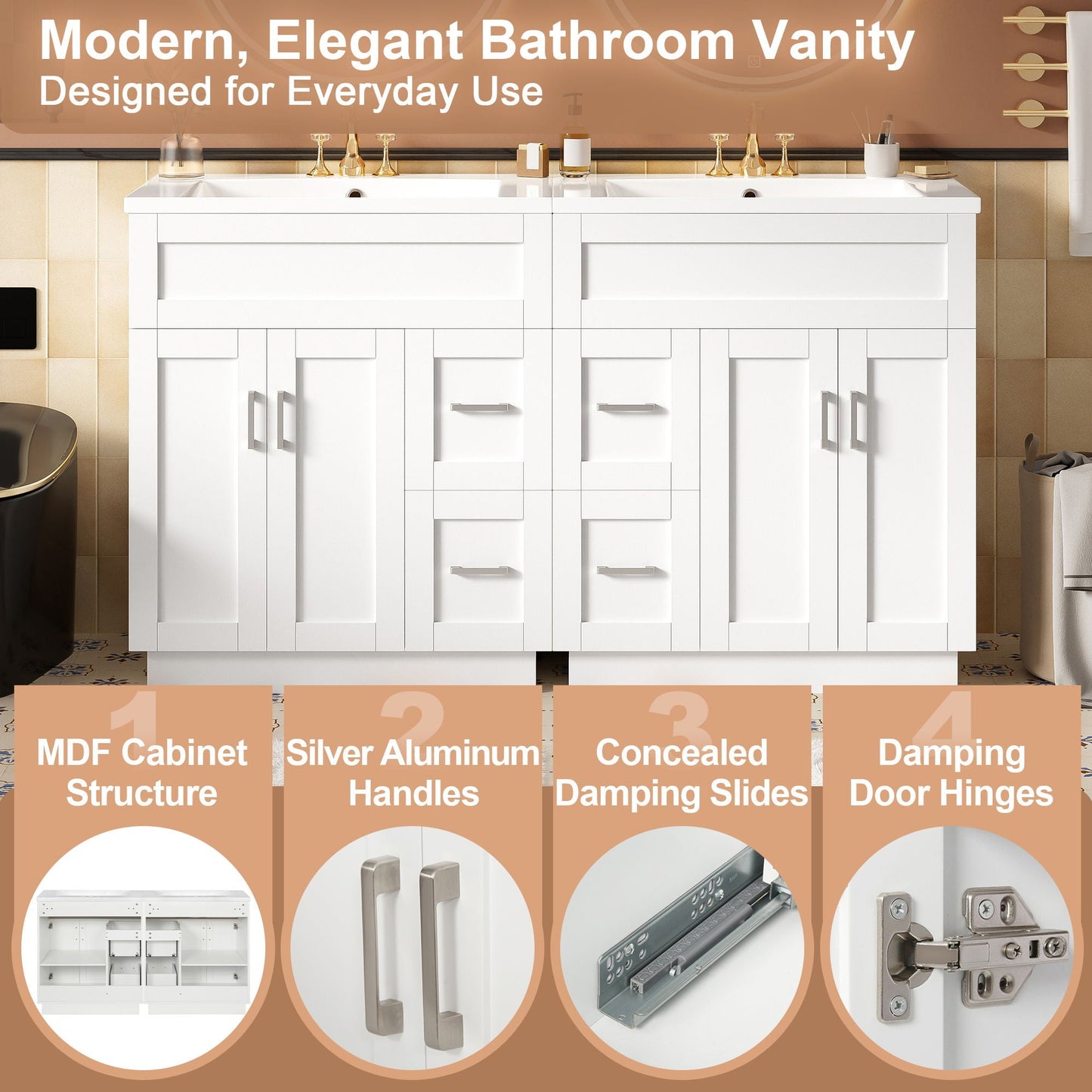 Bathroom Vanity With 2 Doors, 2 Drawers, Adjustable Shelf, Hidden Slides & Soft Close Hinges