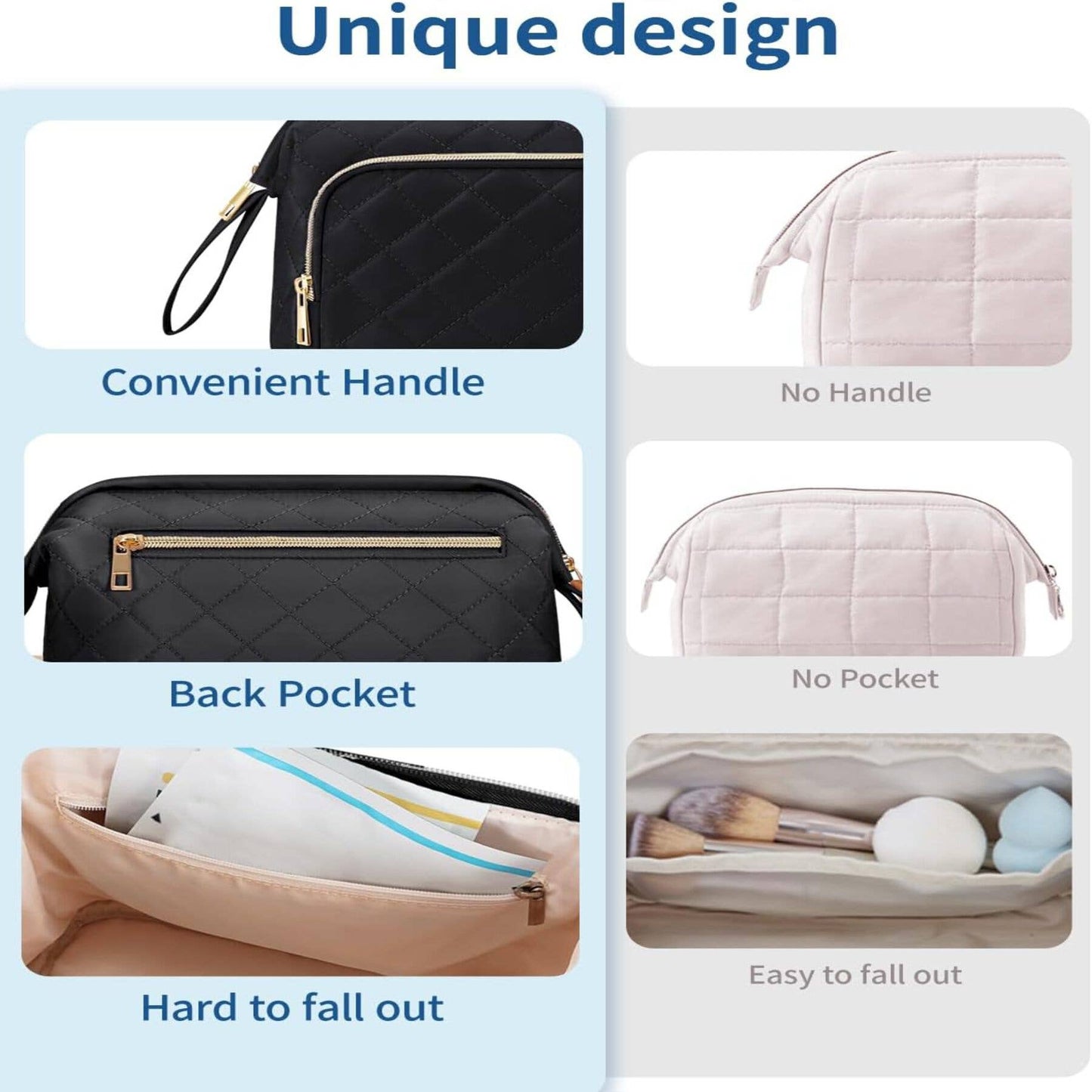 Wide-open Quilted Travel Makeup Organizer Bag with Handle: Black