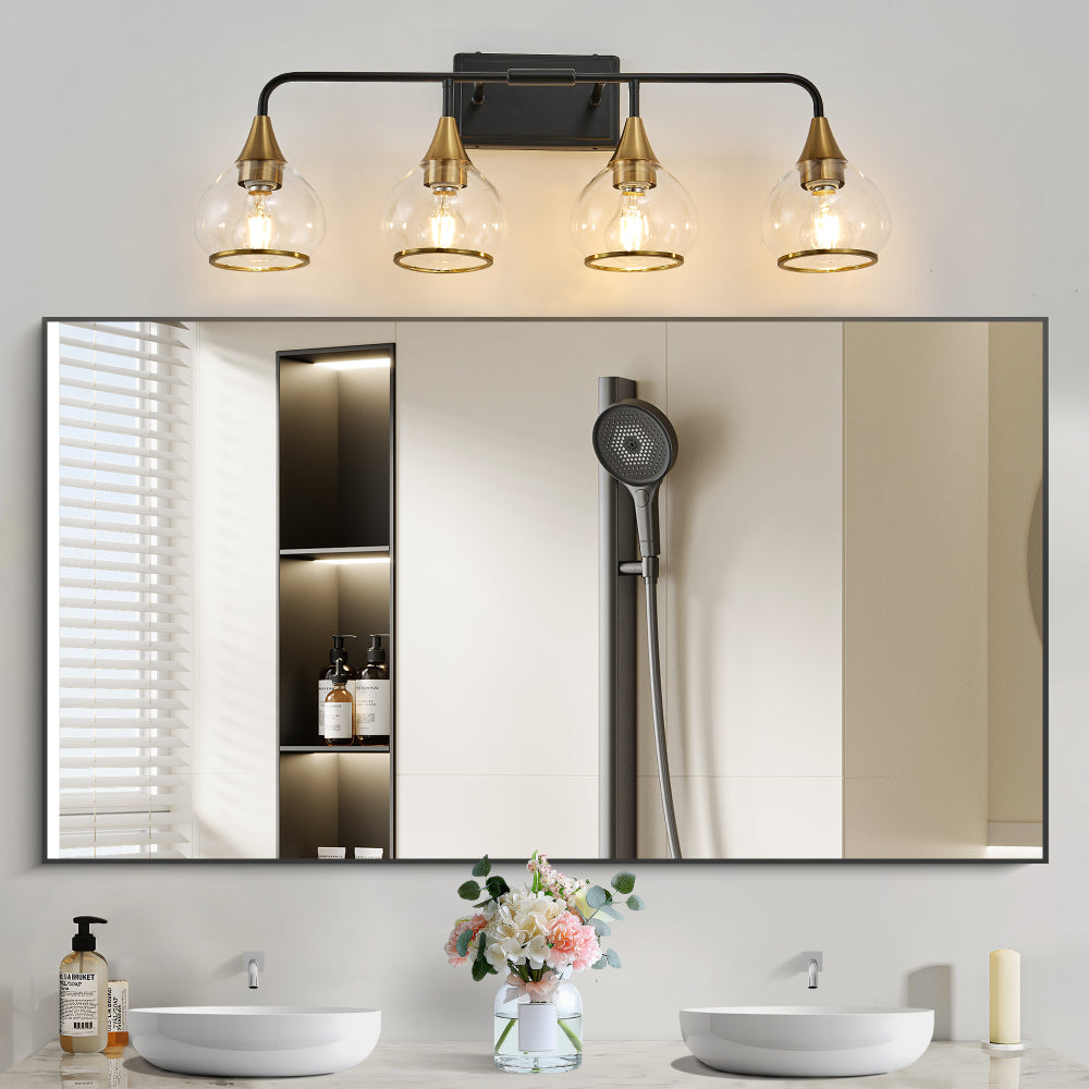 Black & Gold Vanity Wall Sconce | 3/4-Light Industrial Bathroom Fixture with Clear Glass Shades for Mirror & Living Spaces
