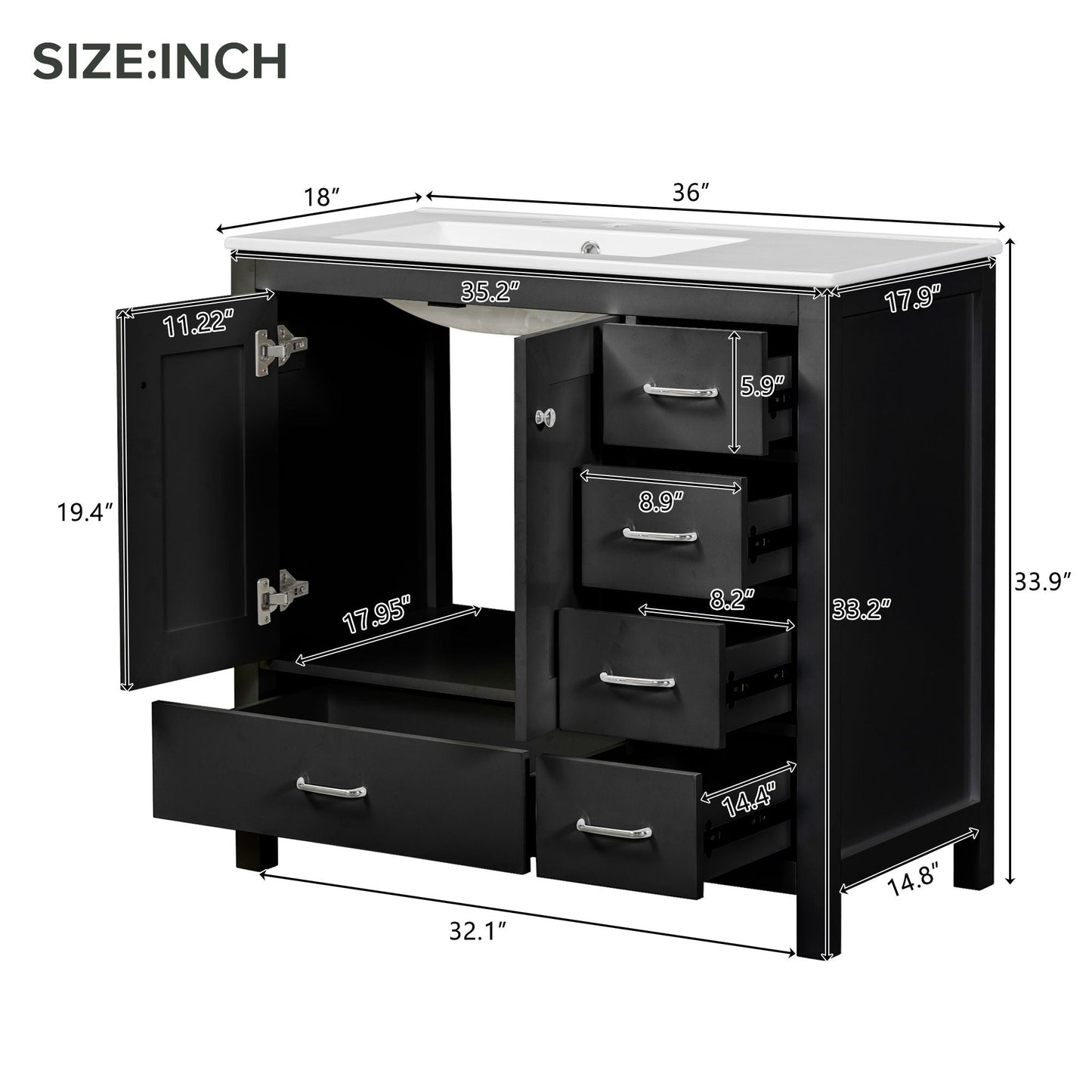 Bathroom Vanity With Ceramic Sink Combo, Abundant Storage Cabinet 2 Soft Close Doors And 5 Drawers