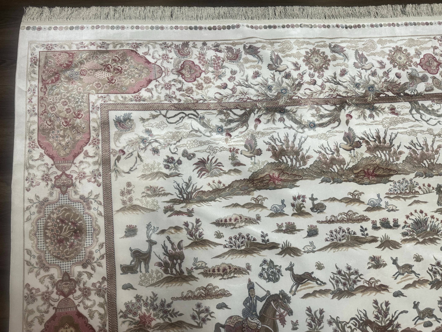 Large Turkish Silk Rug 8x10, Ivory, Hunting Design, Bamboo Silk, New