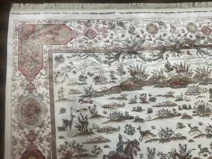 Large Turkish Silk Rug 8x10, Ivory, Hunting Design, Bamboo Silk, New