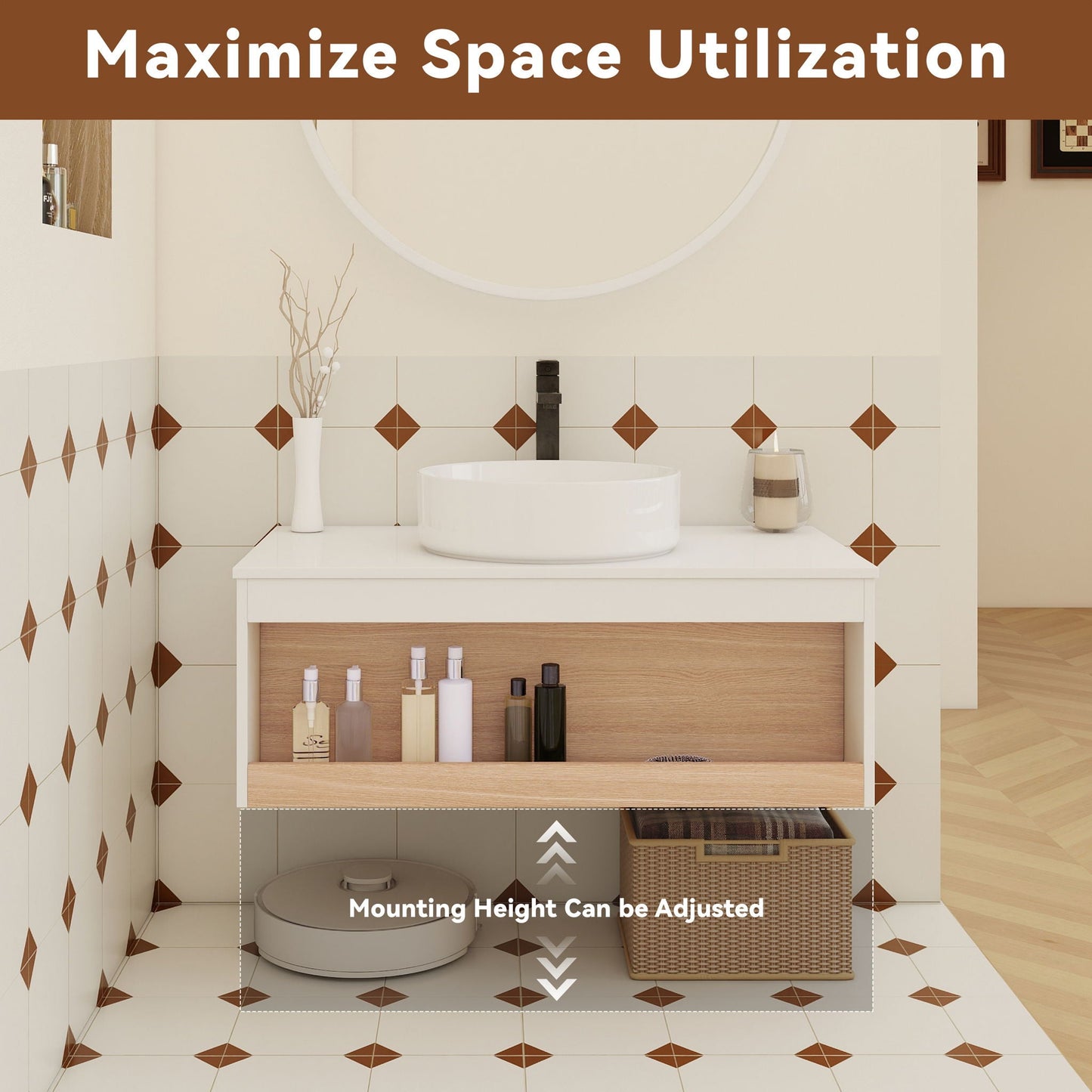 Floating Bathroom Vanity With Glossy Round Vessel Sink