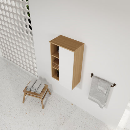 Wall Mounted Bathroom Side Cabinet, Single Door With 3 Tier Open Shelves - Black / Light Oak / White