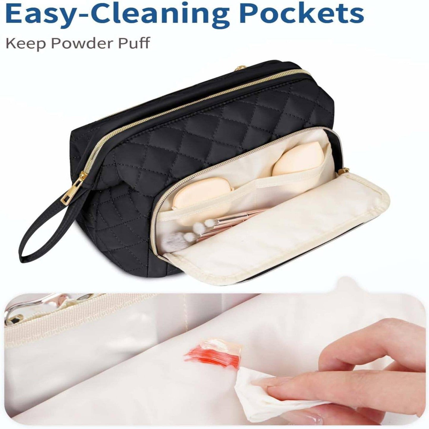 Wide-open Quilted Travel Makeup Organizer Bag with Handle: Black