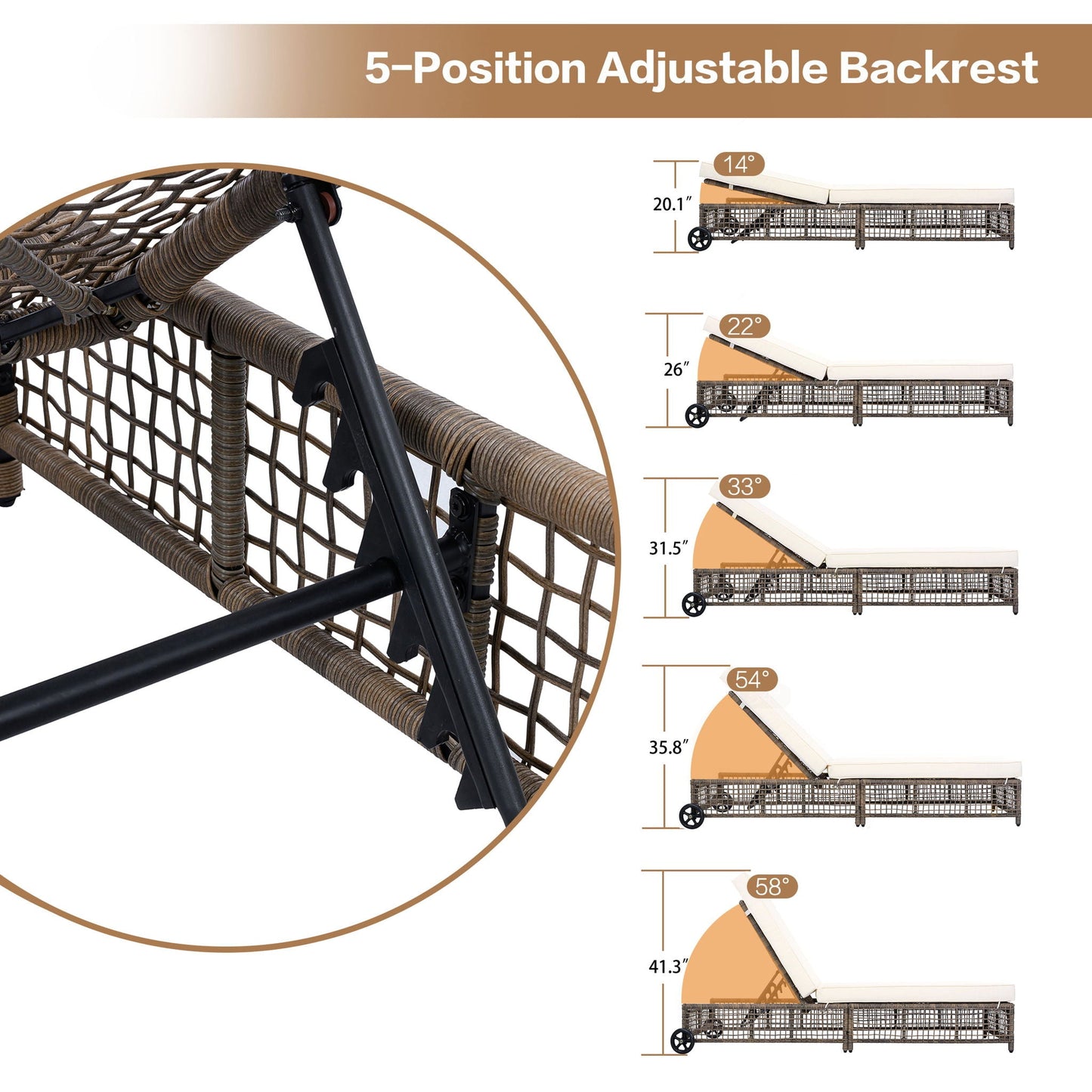 Outdoor Lounge Chair With 5 Position Backrest With Cushion And Wheels
