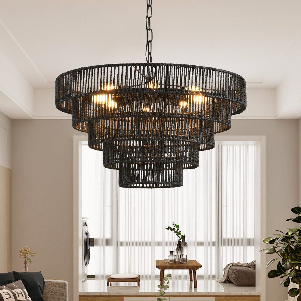 Rustic Hemp Rope Chandelier | 4/5-Tier Boho Pendant Light with E12 Sockets for Dining Room, Kitchen & Foyer