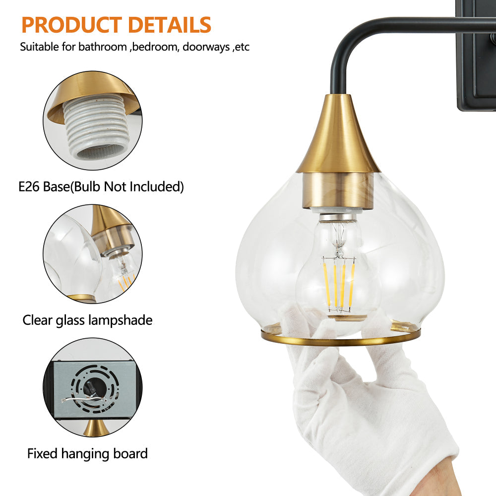 Black & Gold Vanity Wall Sconce | 3/4-Light Industrial Bathroom Fixture with Clear Glass Shades for Mirror & Living Spaces