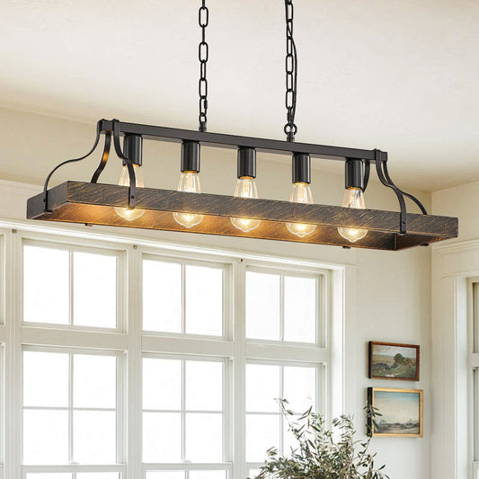 34" Black & Gold Vintage Chandelier | 5-Light Antique Pendant with Adjustable Chain for Dining Room, Kitchen & Living Room