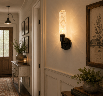Delicate Narrow Frosted Floral Glass Wall Sconce
