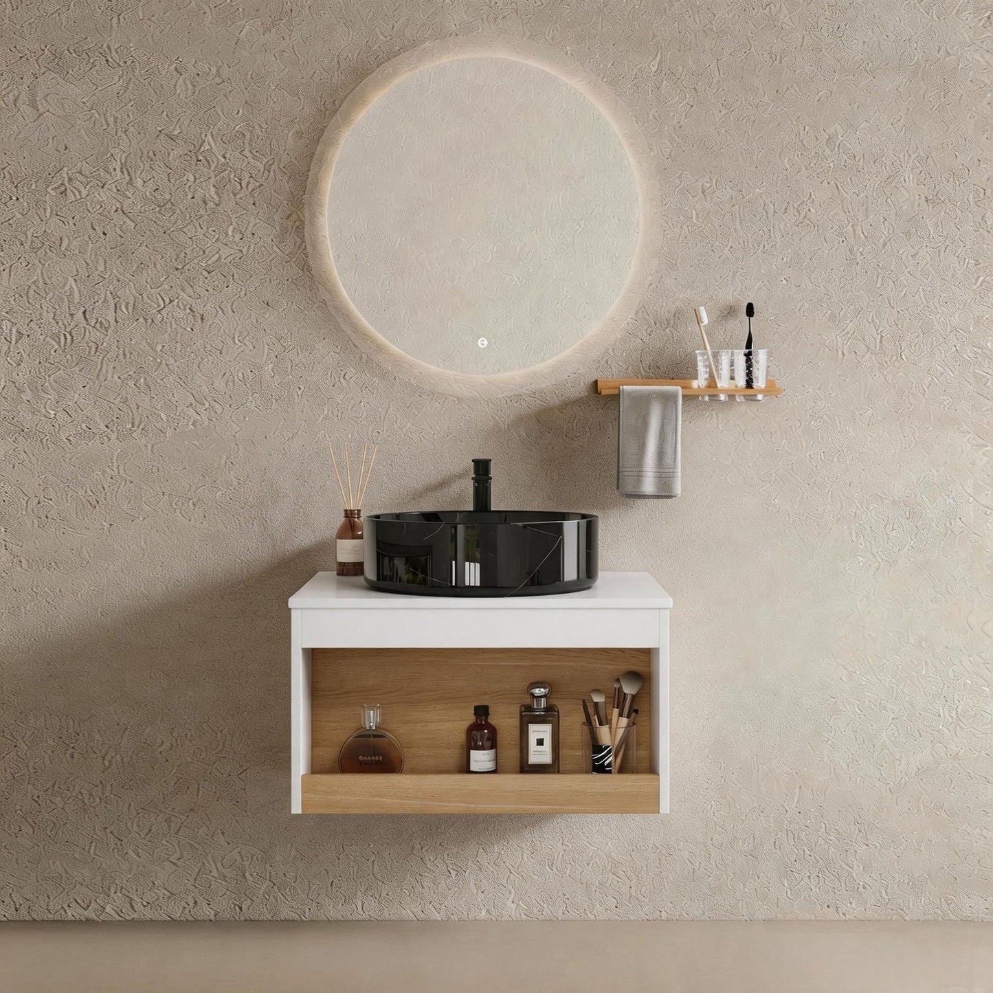 Floating Bathroom Vanity With Vessel Sink With Open Shelf Storage
