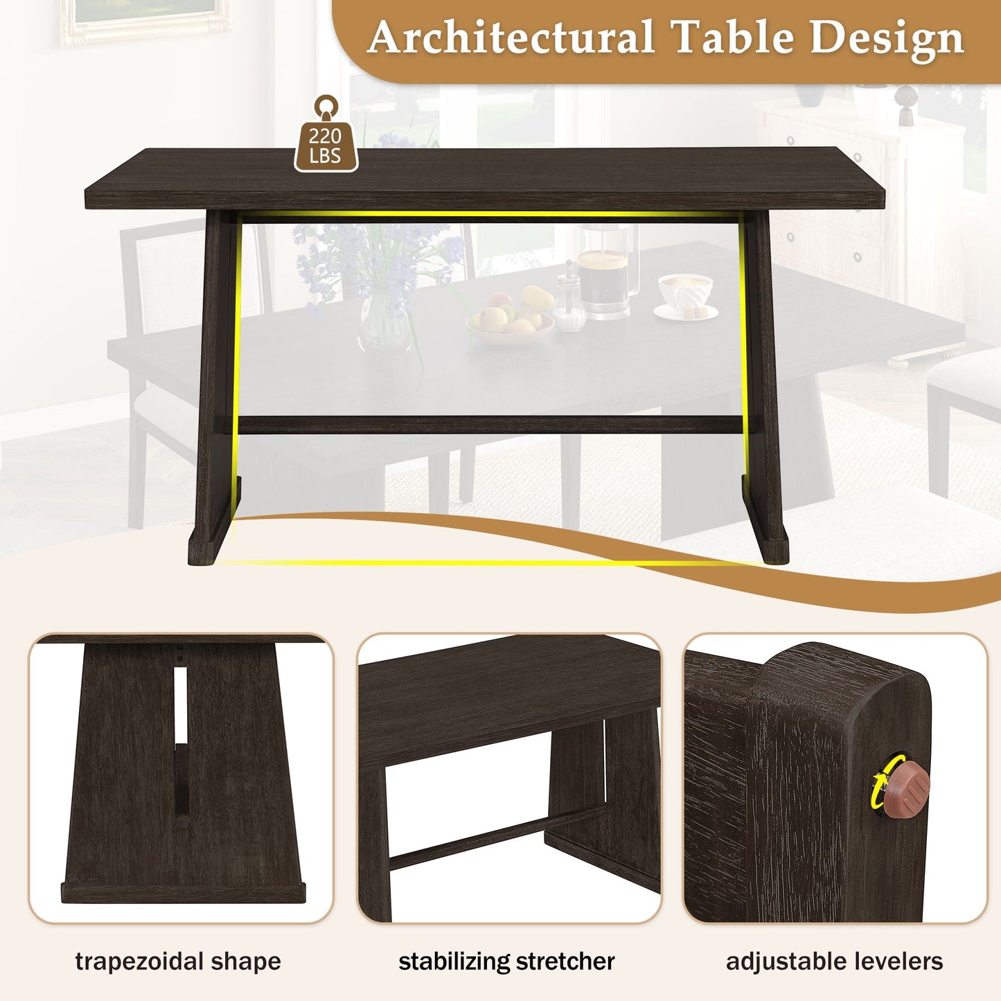 Dining Set With Rectangular Table, 4 Upholstered Chairs & 1 Padded Bench