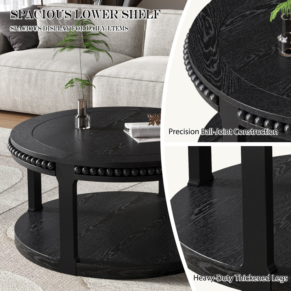 31.5" Round Solid Wood Coffee Table — Two-Tier Shelf, Natural Finish