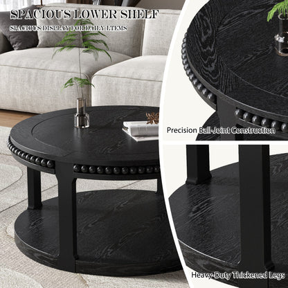 31.5" Round Solid Wood Coffee Table — Two-Tier Shelf, Natural Finish