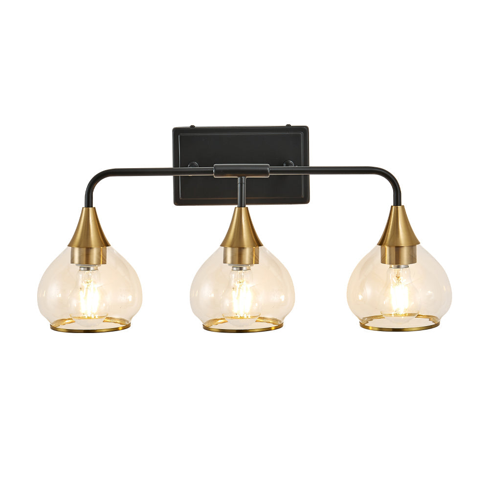 Black & Gold Vanity Wall Sconce | 3/4-Light Industrial Bathroom Fixture with Clear Glass Shades for Mirror & Living Spaces