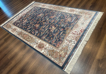 Turkish Silk Rug 5x8, Hunting Design, Animal Pictorials, Steel Blue & Ivory, Bamboo Silk