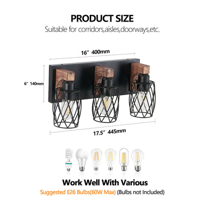 Industrial Black Cage Wall Sconce with Wood Accents | 3/4/5/6/7-Light Vintage Fixture for Bathroom, Hallway & Living Room