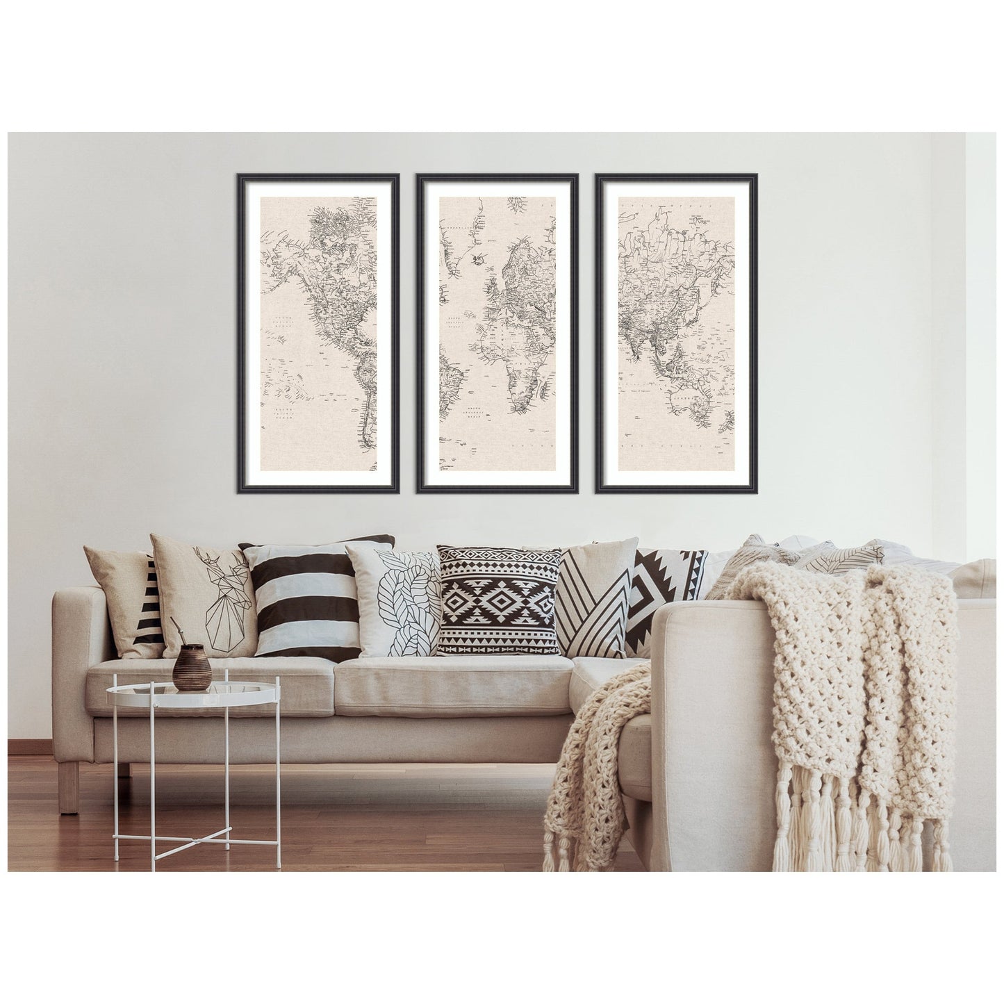 Vintage Black and White World Map Linen 3 Piece Framed Wall Art Print Set by The Creative Bunch Studio