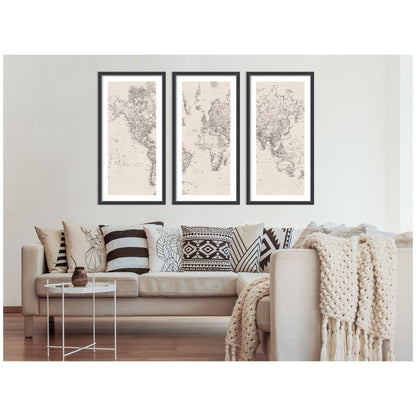 Vintage Black and White World Map Linen 3 Piece Framed Wall Art Print Set by The Creative Bunch Studio