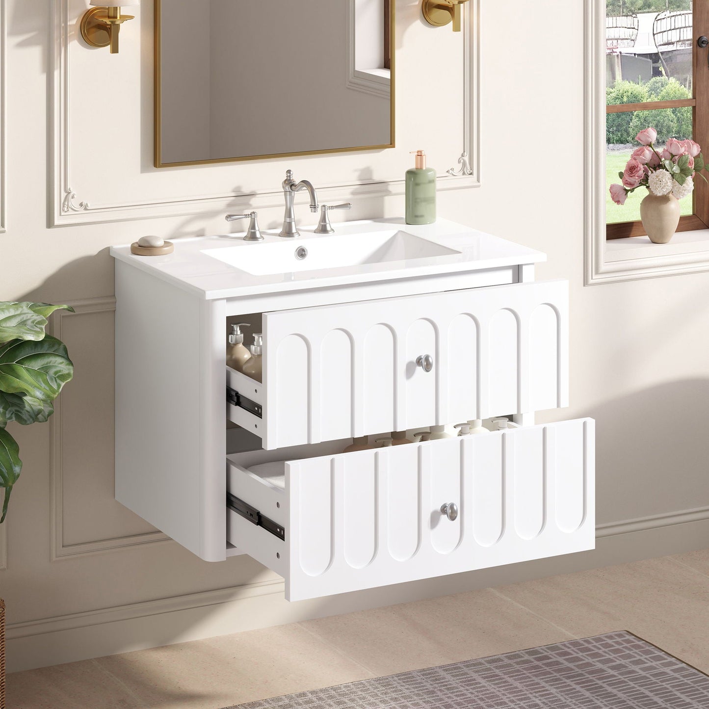 Floating Bathroom Vanity With Oval Knobs & Round Edge, Soft Close Drawer Slides
